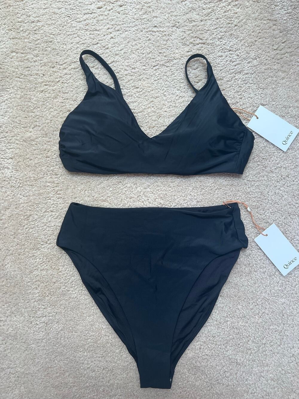 NEW Quince Black Italian Bikini Set Swimsuit Plunge V Top High Leg Bottoms L